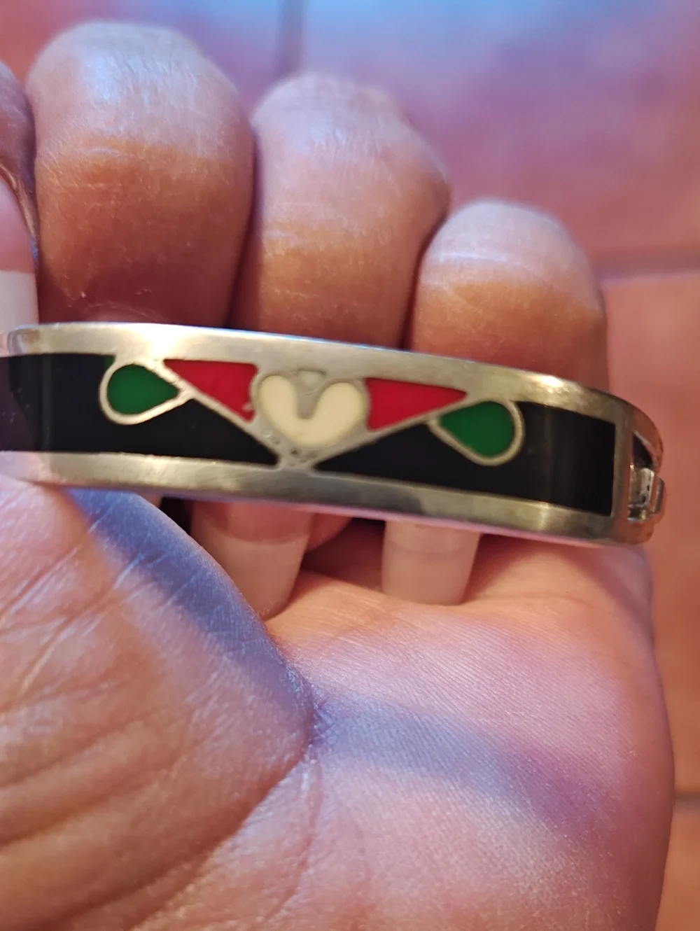 Handmade Black Enamel Heart Accent Bracelet with Red and Green Details